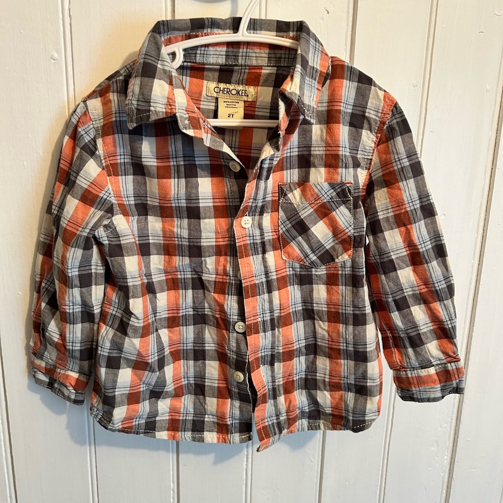 (3/$20) Cherokee 2t orange, blue & black plaid button up flannel